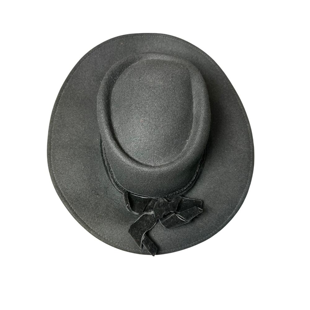 Vintage- Wool- Made in Italy- Black Fedora Hat- Velvet bow trim- some wear